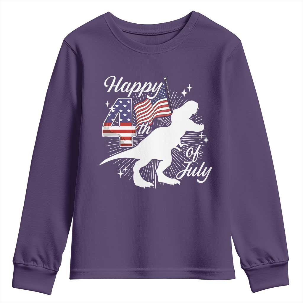 Dinosaur Happy 4th of July Youth Sweatshirt Patriotic American Flag USA - Wonder Print Shop