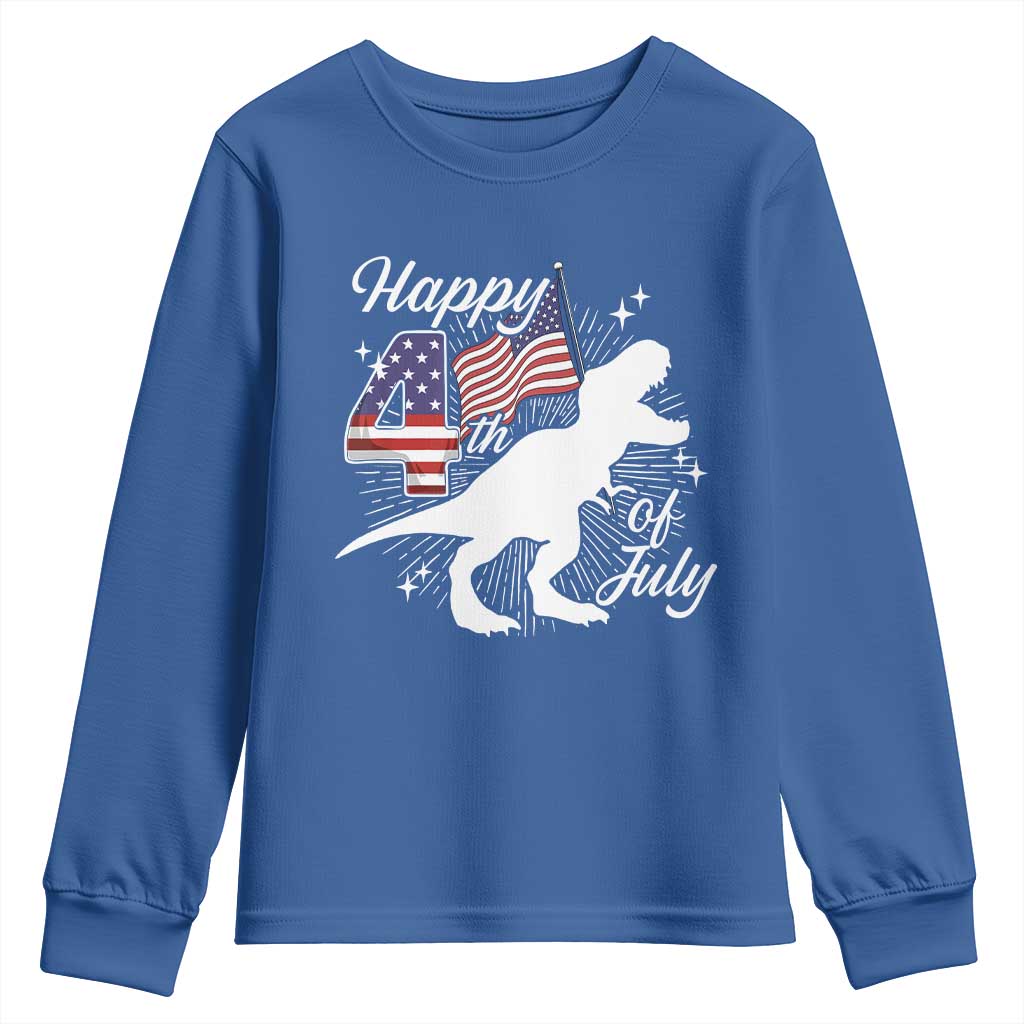 Dinosaur Happy 4th of July Youth Sweatshirt Patriotic American Flag USA - Wonder Print Shop