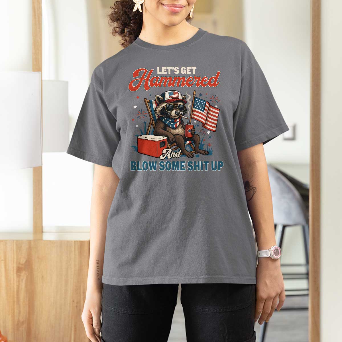 Lets Get Hammered and Blow Some Shit Up T Shirt For Women Raccoon 4th Of July America - Wonder Print Shop