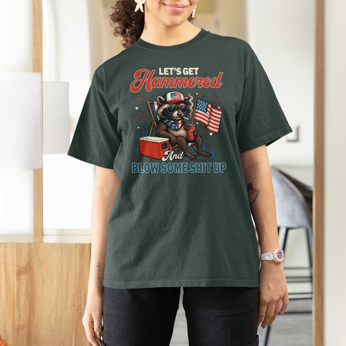 Lets Get Hammered and Blow Some Shit Up T Shirt For Women Raccoon 4th Of July America - Wonder Print Shop