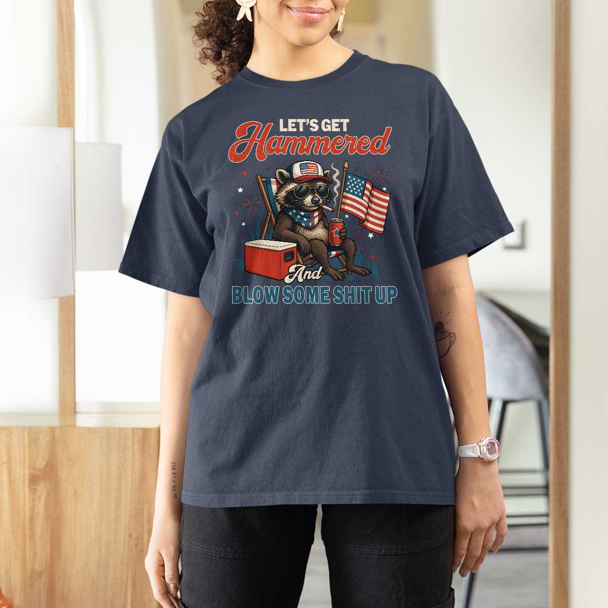 Lets Get Hammered and Blow Some Shit Up T Shirt For Women Raccoon 4th Of July America - Wonder Print Shop