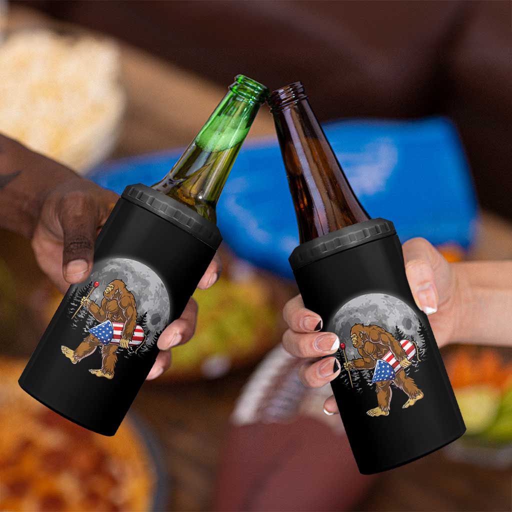 Patriotic Bigfoot 4th of July 4 in 1 Can Cooler Tumbler American Flag Merica Fireworks Sasquatch Moon - Wonder Print Shop