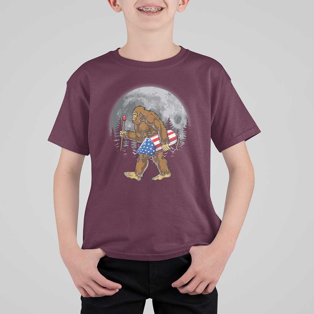 Patriotic Bigfoot 4th of July T Shirt For Kid American Flag Merica Fireworks Sasquatch Moon - Wonder Print Shop