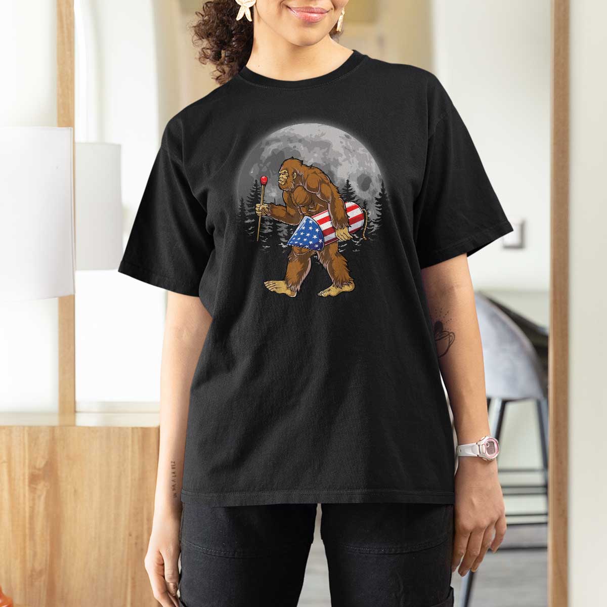 Patriotic Bigfoot 4th of July T Shirt For Women American Flag Merica Fireworks Sasquatch Moon - Wonder Print Shop