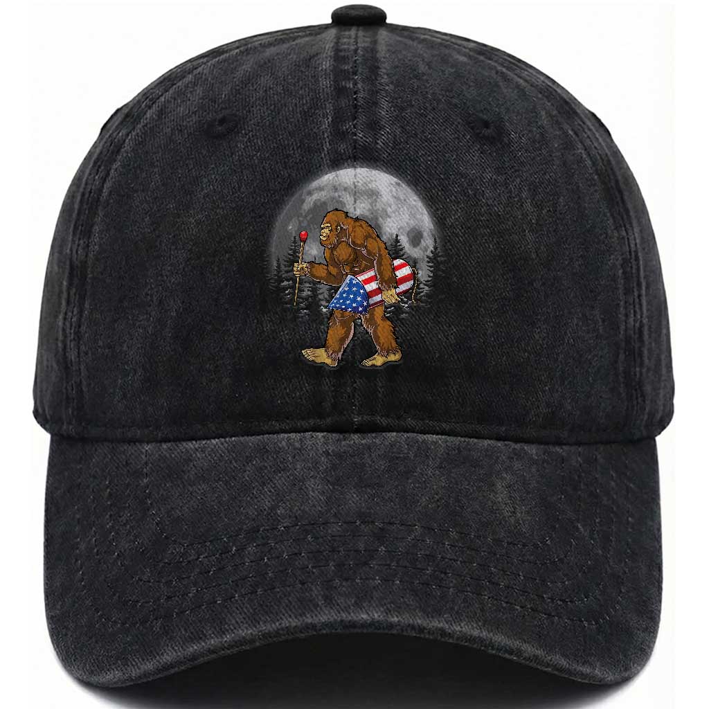 Patriotic Bigfoot 4th of July Washed Cotton Baseball Cap American Flag Merica Fireworks Sasquatch Moon