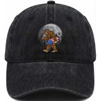 Patriotic Bigfoot 4th of July Washed Cotton Baseball Cap American Flag Merica Fireworks Sasquatch Moon