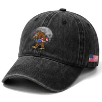 Patriotic Bigfoot 4th of July Washed Cotton Baseball Cap American Flag Merica Fireworks Sasquatch Moon