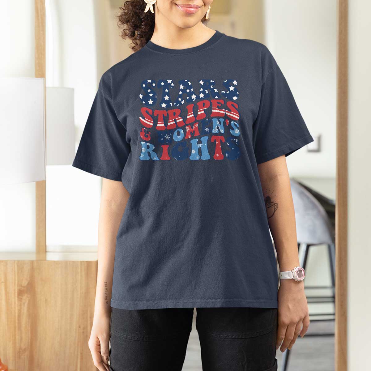 Stars Stripes And Women Rights T Shirt For Women Groovy Retro 4th Of July - Wonder Print Shop