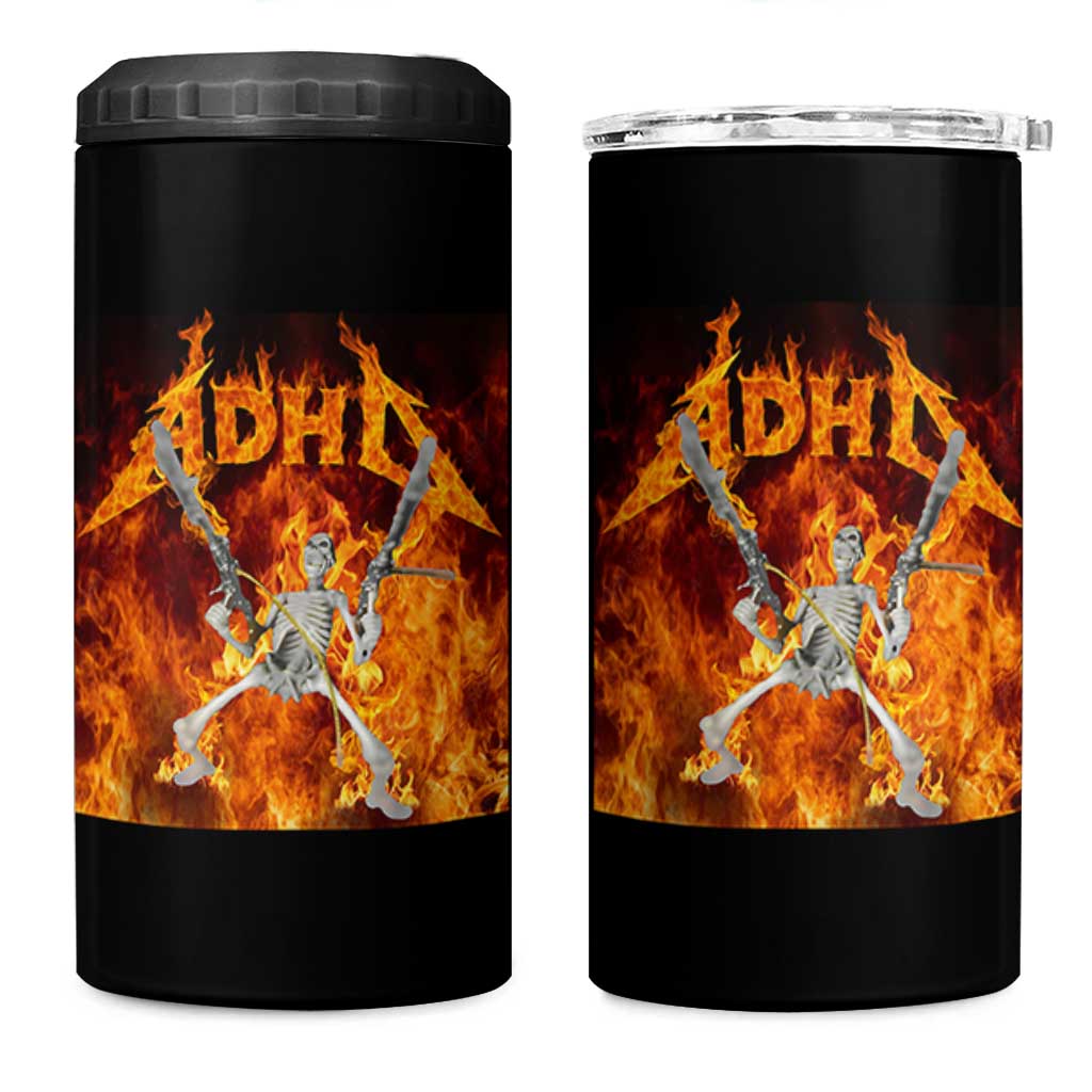 Funny Skeleton ADHD 4 in 1 Can Cooler Tumbler Meme Flames Neurodivergent Gen Z - Wonder Print Shop