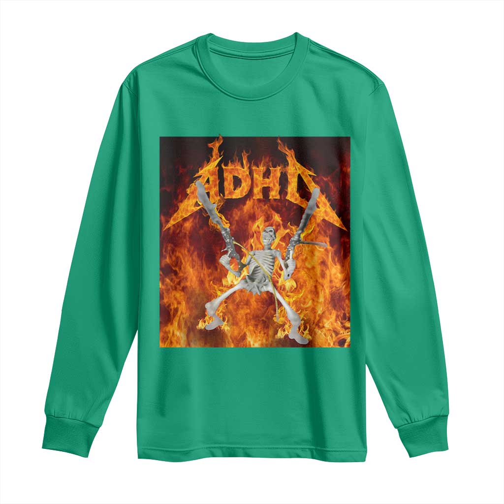 Funny Skeleton ADHD Long Sleeve Shirt Meme Flames Neurodivergent Gen Z - Wonder Print Shop