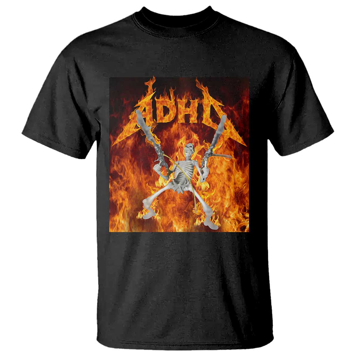 Funny Skeleton ADHD T Shirt Meme Flames Neurodivergent Gen Z - Wonder Print Shop