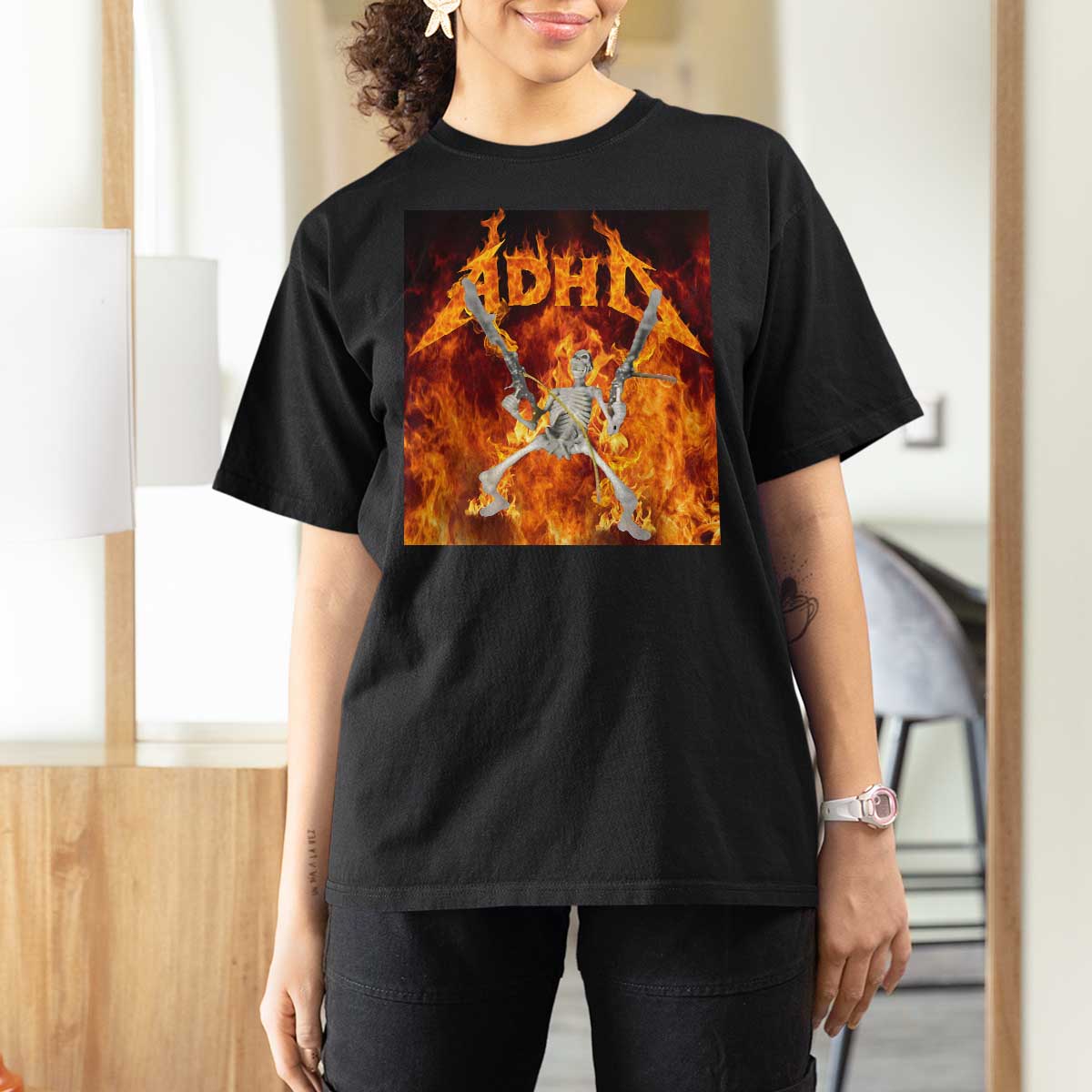 Funny Skeleton ADHD T Shirt For Women Meme Flames Neurodivergent Gen Z - Wonder Print Shop