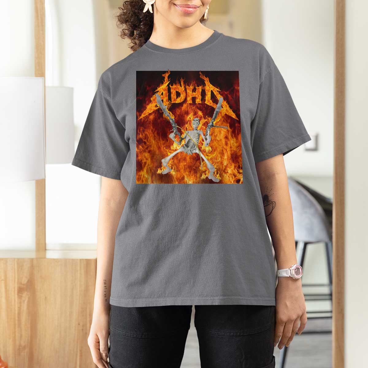 Funny Skeleton ADHD T Shirt For Women Meme Flames Neurodivergent Gen Z - Wonder Print Shop