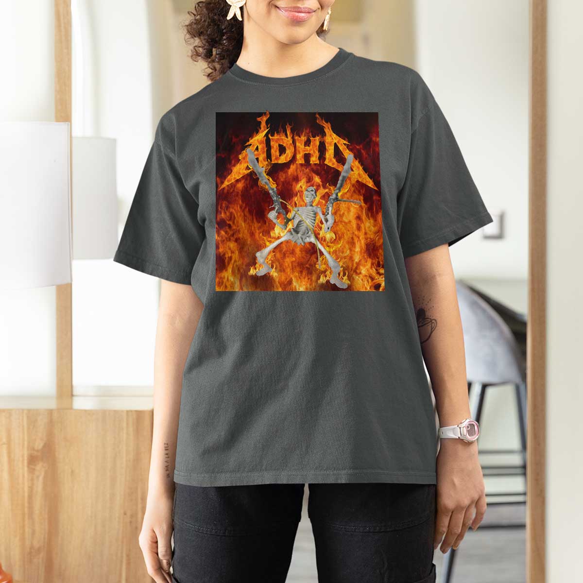 Funny Skeleton ADHD T Shirt For Women Meme Flames Neurodivergent Gen Z - Wonder Print Shop