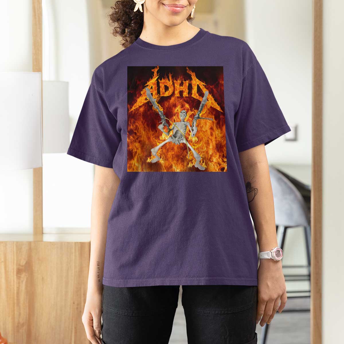 Funny Skeleton ADHD T Shirt For Women Meme Flames Neurodivergent Gen Z - Wonder Print Shop