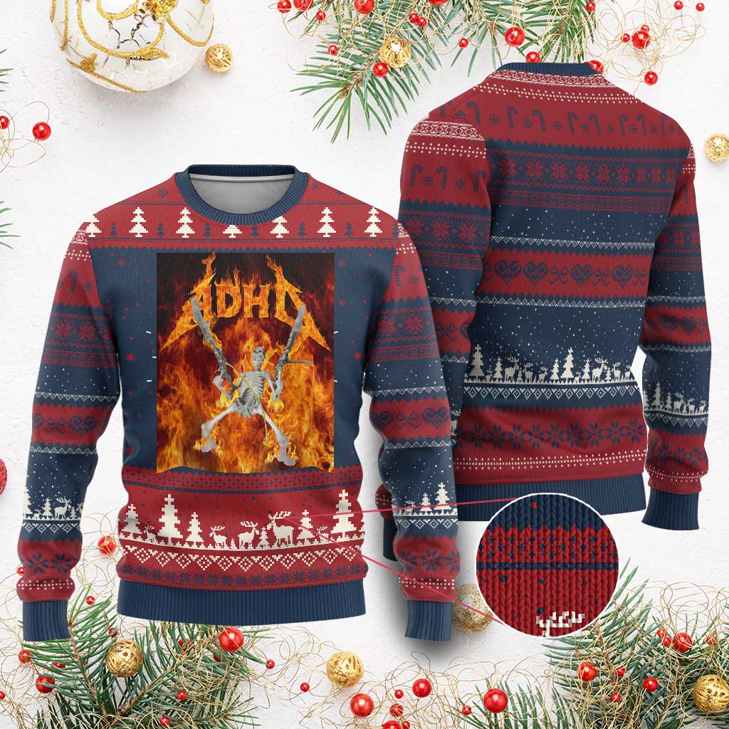 Funny Skeleton ADHD Knitted Sweatshirt Meme Flames Neurodivergent Gen Z - Wonder Print Shop