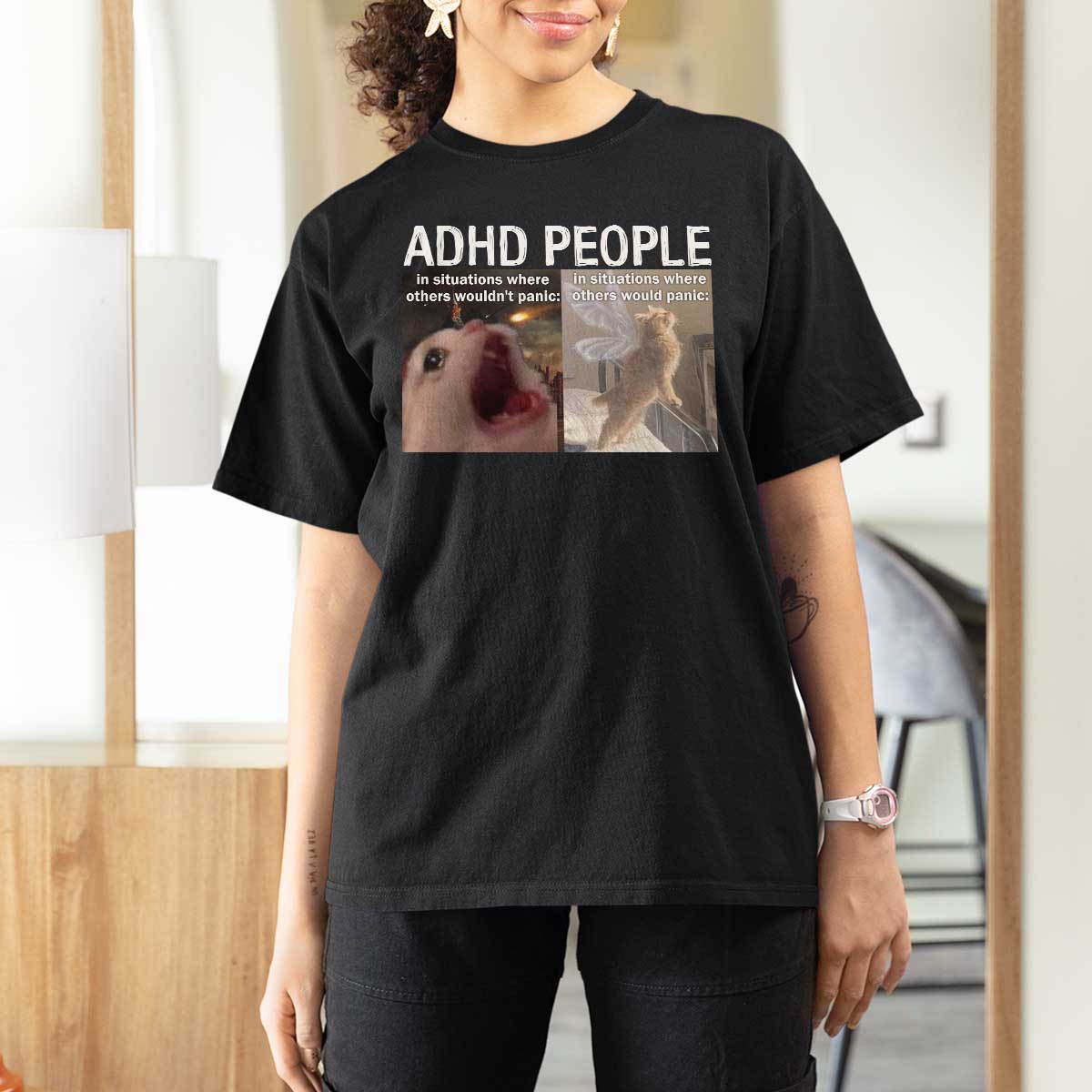 ADHD Cat Meme T Shirt For Women Funny Panic Cat Mental Health Awareness - Wonder Print Shop