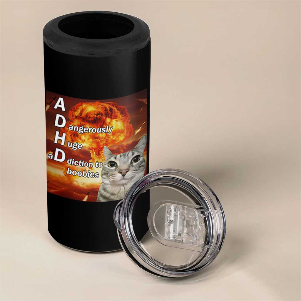 ADHD Cat Meme 4 in 1 Can Cooler Tumbler Funny Kitty Flames Neurodivergent Gen Z - Wonder Print Shop