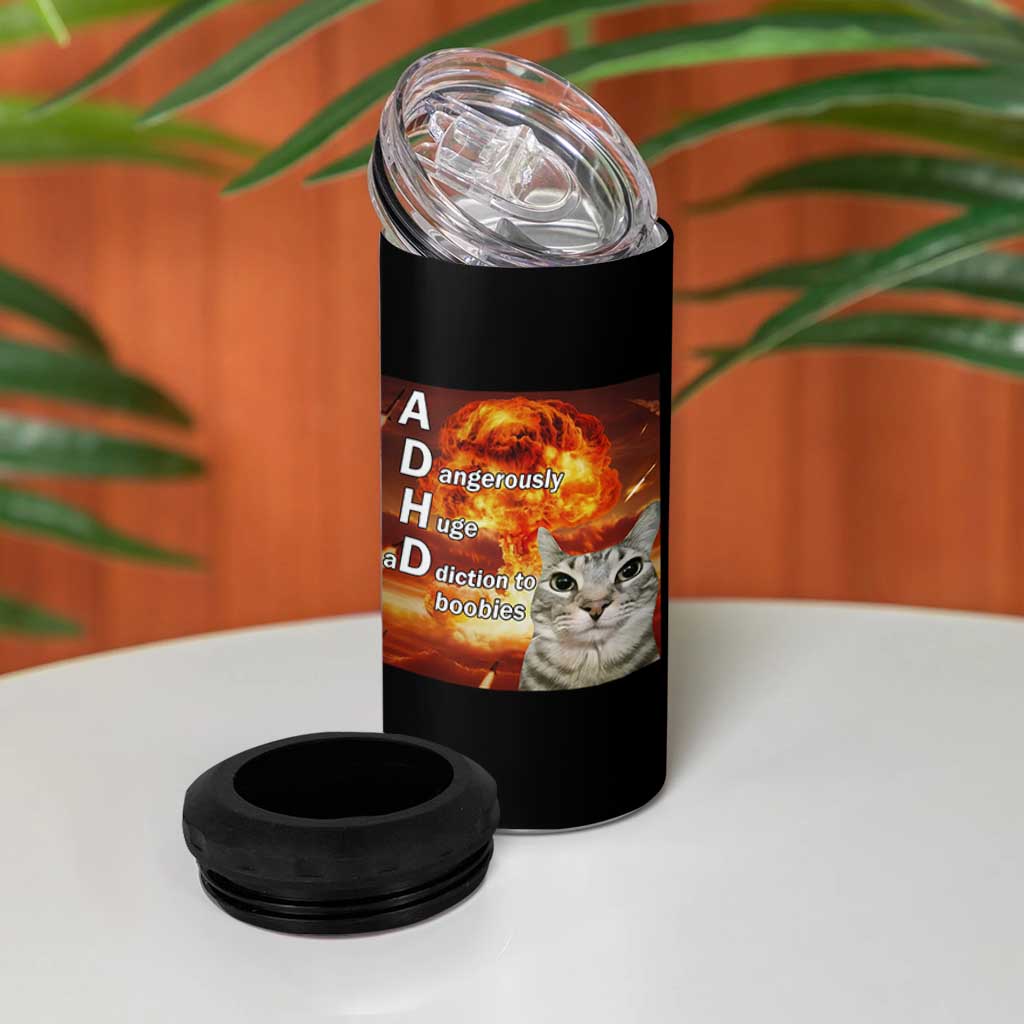 ADHD Cat Meme 4 in 1 Can Cooler Tumbler Funny Kitty Flames Neurodivergent Gen Z - Wonder Print Shop
