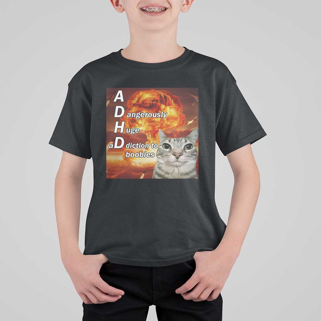 ADHD Cat Meme T Shirt For Kid Funny Kitty Flames Neurodivergent Gen Z - Wonder Print Shop