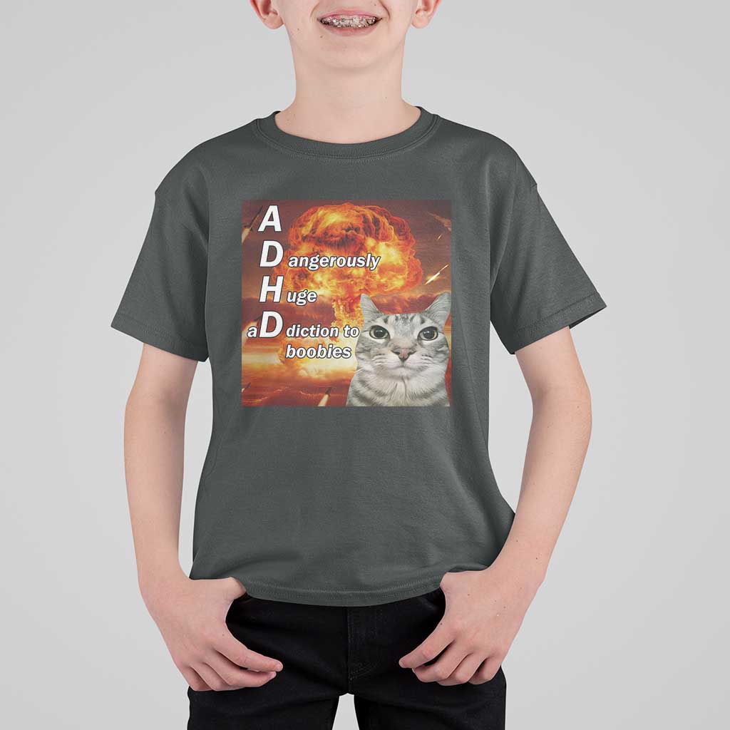 ADHD Cat Meme T Shirt For Kid Funny Kitty Flames Neurodivergent Gen Z - Wonder Print Shop