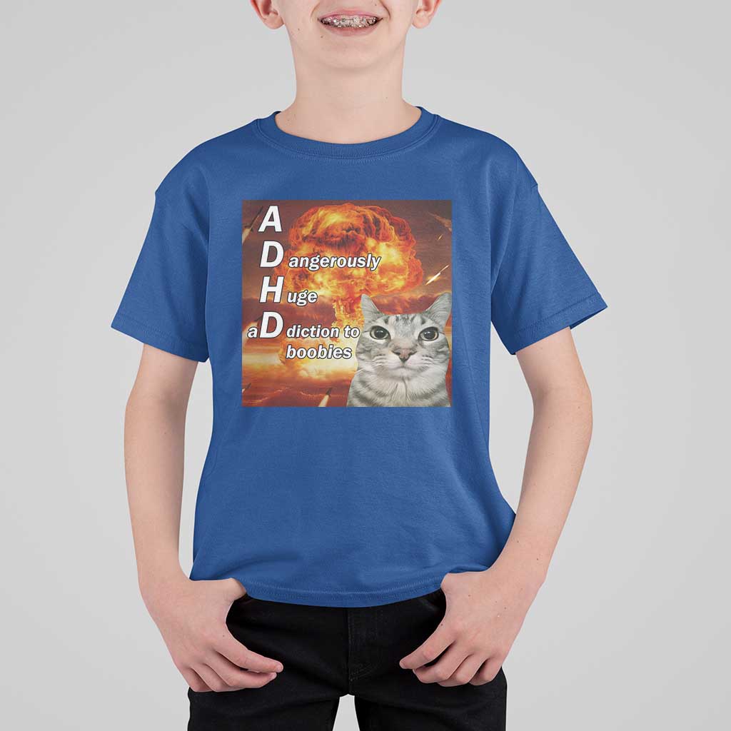 ADHD Cat Meme T Shirt For Kid Funny Kitty Flames Neurodivergent Gen Z - Wonder Print Shop