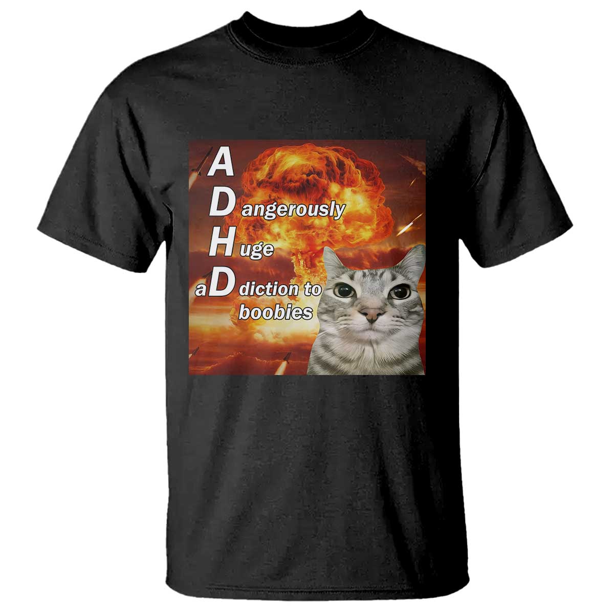 ADHD Cat Meme T Shirt Funny Kitty Flames Neurodivergent Gen Z - Wonder Print Shop