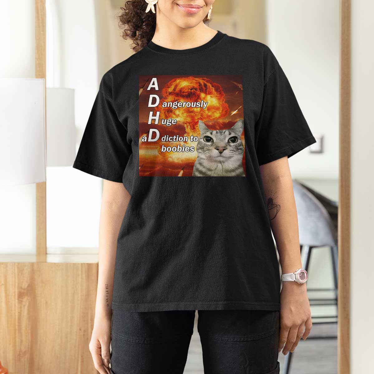 ADHD Cat Meme T Shirt For Women Funny Kitty Flames Neurodivergent Gen Z - Wonder Print Shop