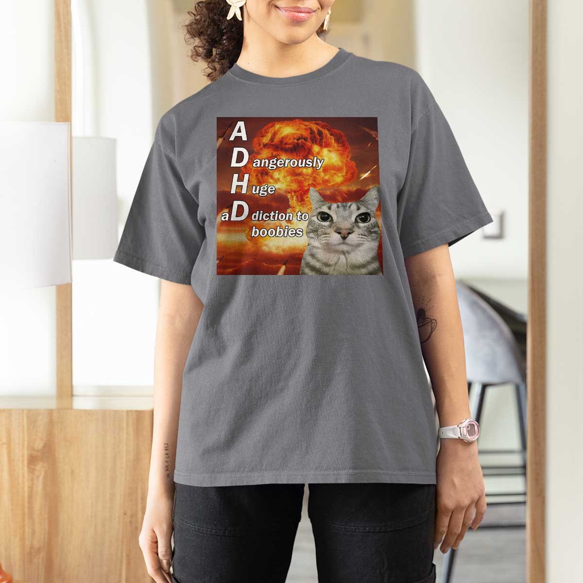 ADHD Cat Meme T Shirt For Women Funny Kitty Flames Neurodivergent Gen Z - Wonder Print Shop