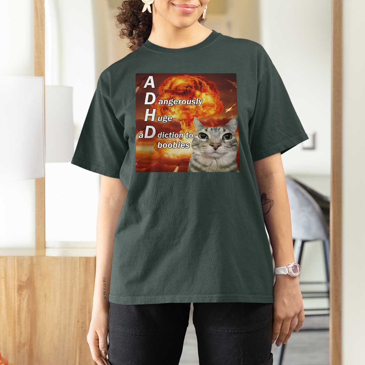 ADHD Cat Meme T Shirt For Women Funny Kitty Flames Neurodivergent Gen Z - Wonder Print Shop
