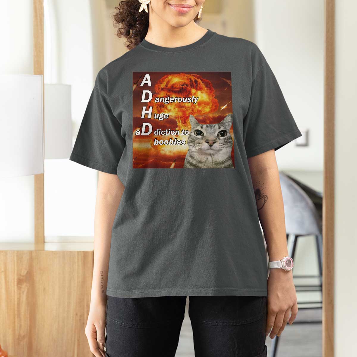 ADHD Cat Meme T Shirt For Women Funny Kitty Flames Neurodivergent Gen Z - Wonder Print Shop