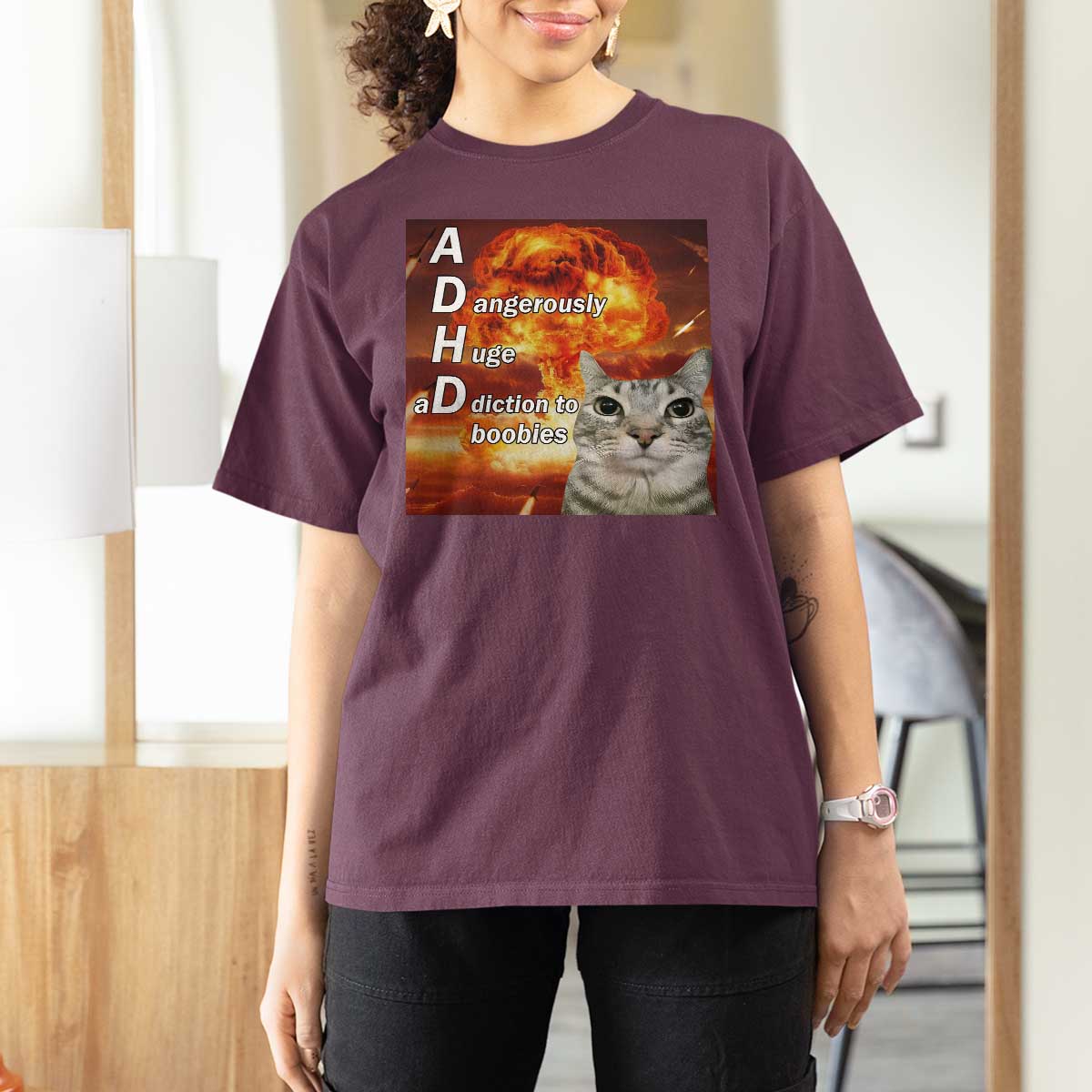 ADHD Cat Meme T Shirt For Women Funny Kitty Flames Neurodivergent Gen Z - Wonder Print Shop