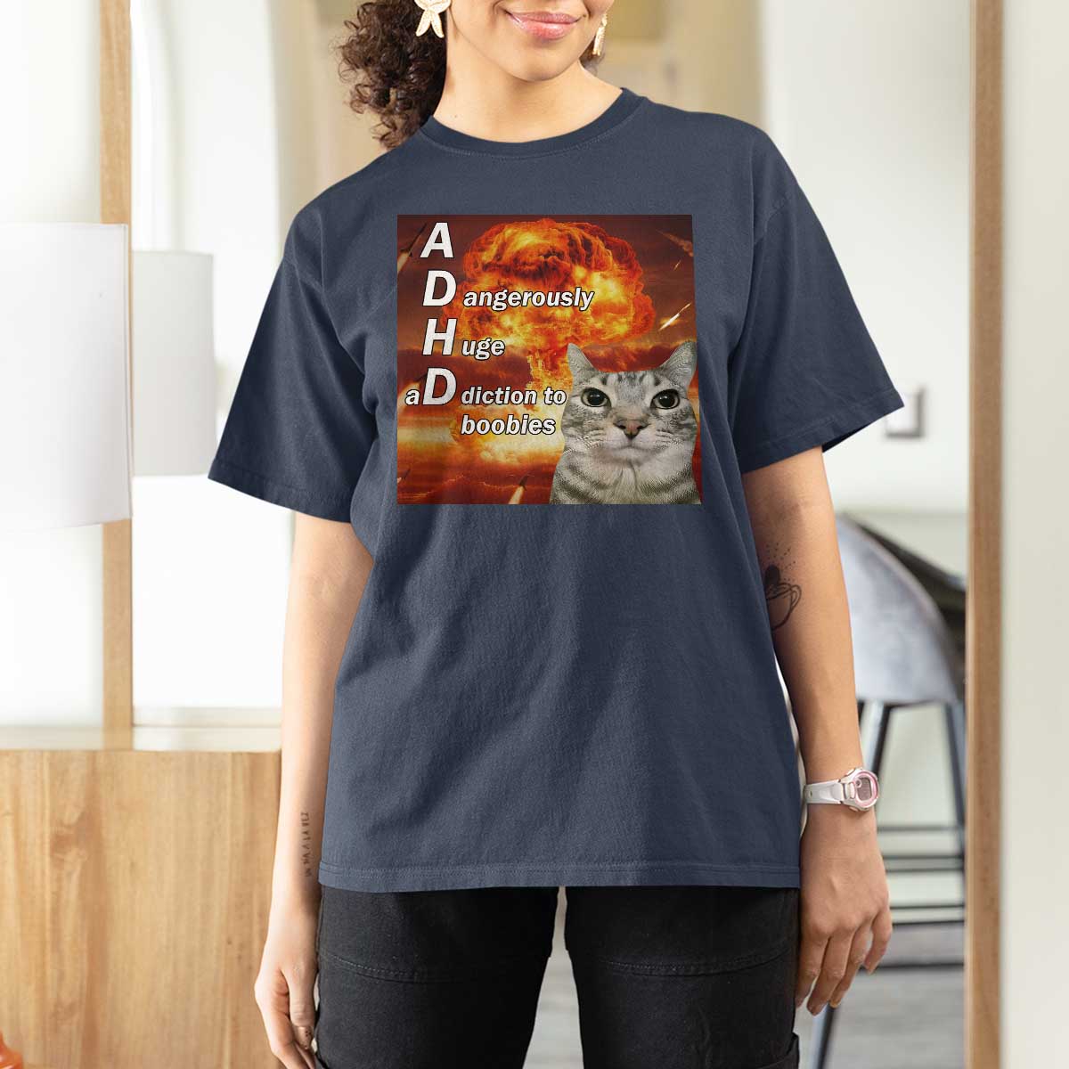 ADHD Cat Meme T Shirt For Women Funny Kitty Flames Neurodivergent Gen Z - Wonder Print Shop