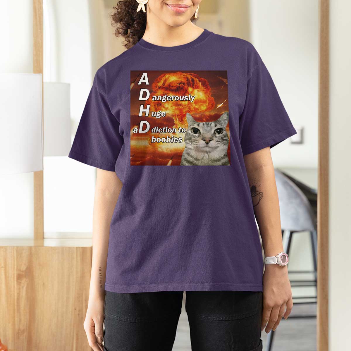 ADHD Cat Meme T Shirt For Women Funny Kitty Flames Neurodivergent Gen Z - Wonder Print Shop