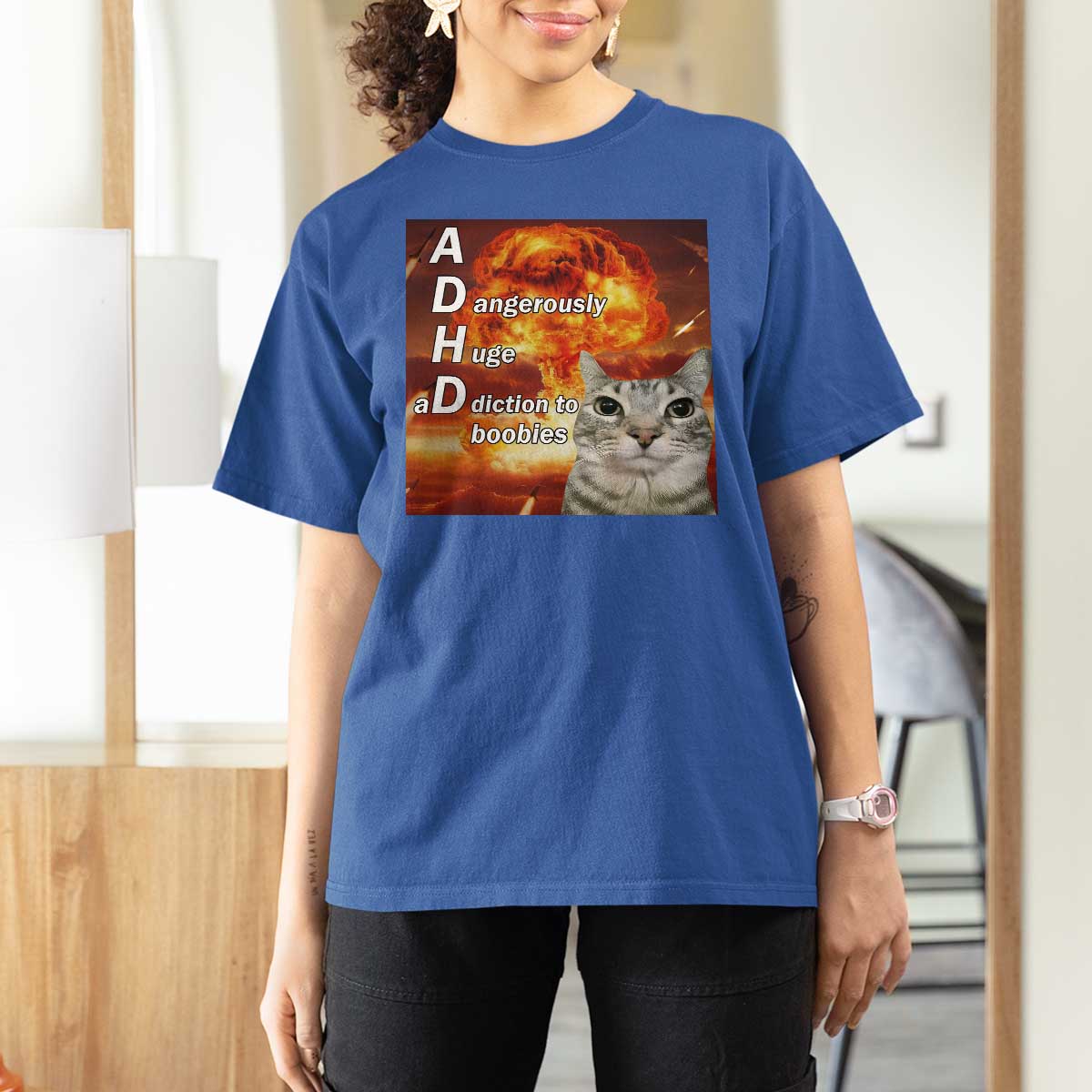 ADHD Cat Meme T Shirt For Women Funny Kitty Flames Neurodivergent Gen Z - Wonder Print Shop