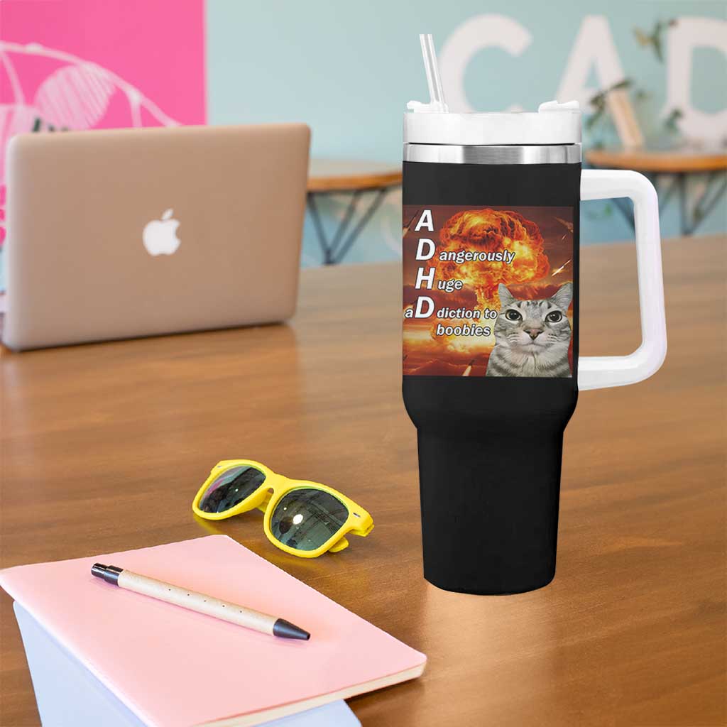 ADHD Cat Meme Tumbler With Handle Funny Kitty Flames Neurodivergent Gen Z - Wonder Print Shop