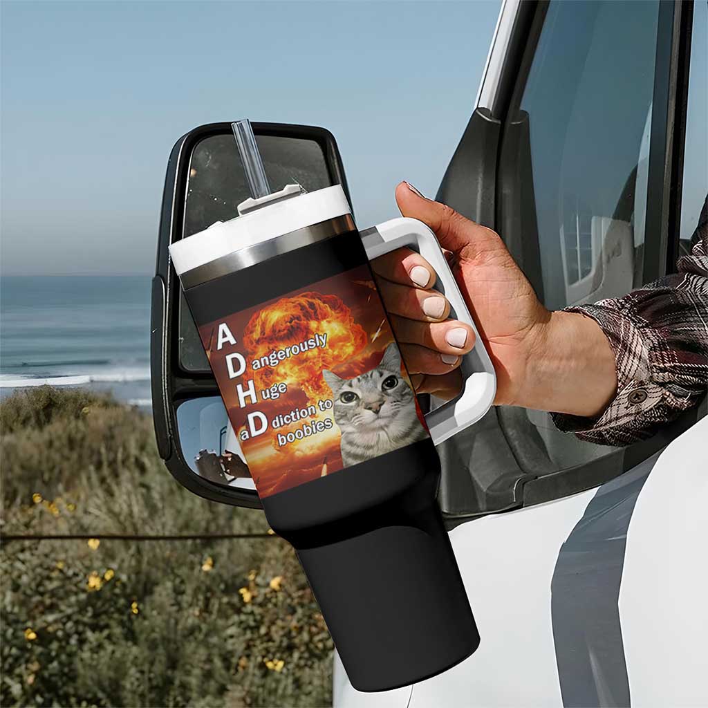 ADHD Cat Meme Tumbler With Handle Funny Kitty Flames Neurodivergent Gen Z - Wonder Print Shop