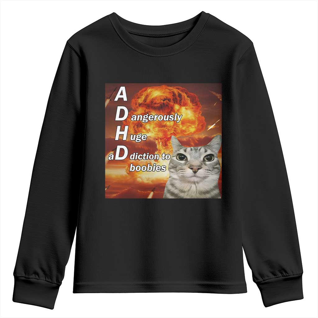 ADHD Cat Meme Youth Sweatshirt Funny Kitty Flames Neurodivergent Gen Z - Wonder Print Shop