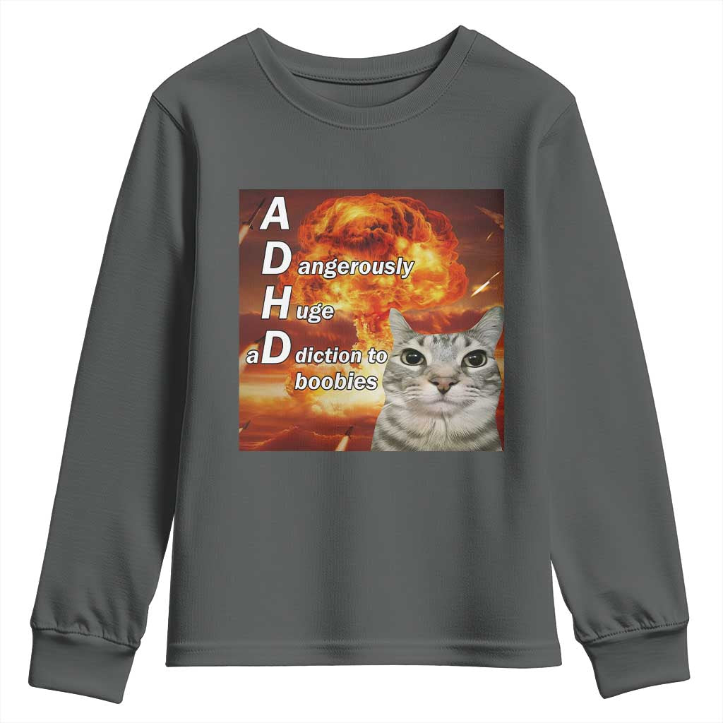 ADHD Cat Meme Youth Sweatshirt Funny Kitty Flames Neurodivergent Gen Z - Wonder Print Shop