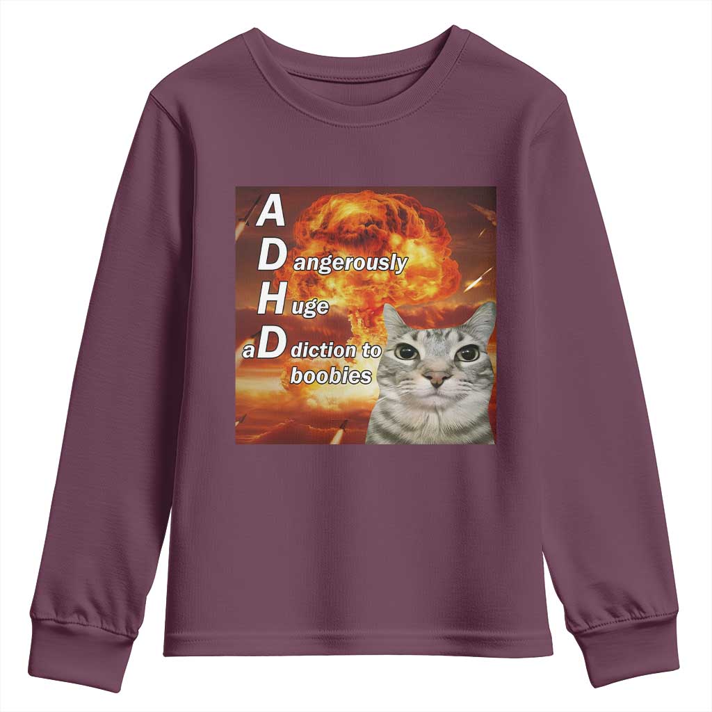 ADHD Cat Meme Youth Sweatshirt Funny Kitty Flames Neurodivergent Gen Z - Wonder Print Shop