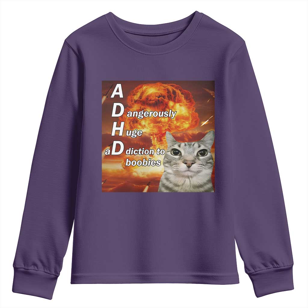 ADHD Cat Meme Youth Sweatshirt Funny Kitty Flames Neurodivergent Gen Z - Wonder Print Shop