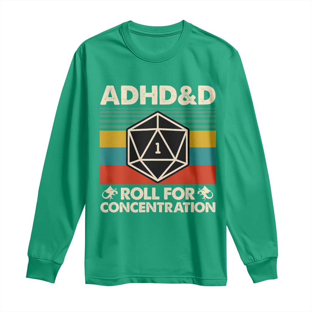 ADHD&D Roll for Concentration Long Sleeve Shirt Retro 90s ADHD Roll For Concentration Funny Gamer - Wonder Print Shop