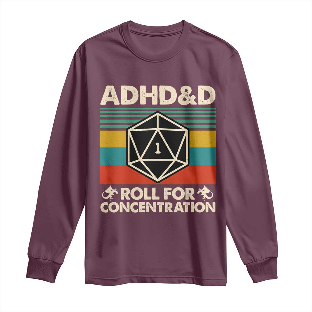 ADHD&D Roll for Concentration Long Sleeve Shirt Retro 90s ADHD Roll For Concentration Funny Gamer - Wonder Print Shop