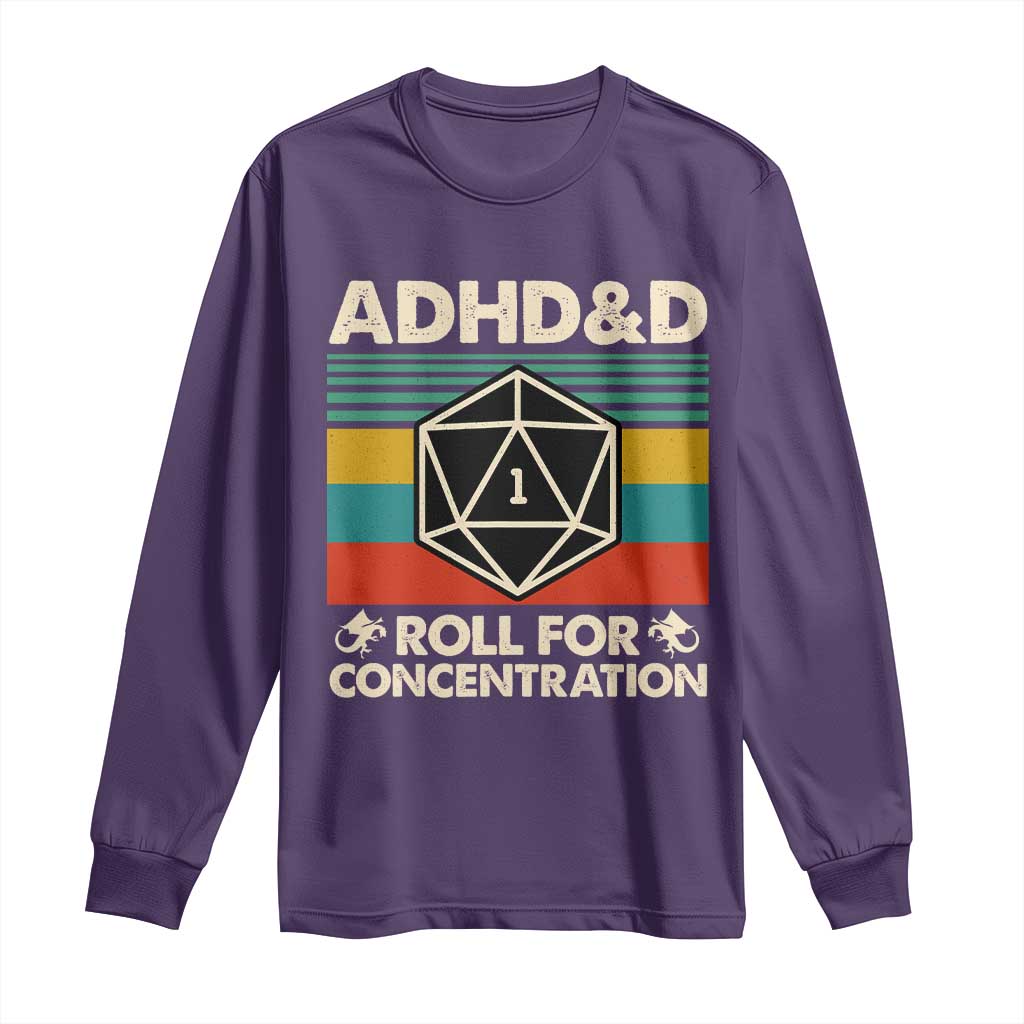 ADHD&D Roll for Concentration Long Sleeve Shirt Retro 90s ADHD Roll For Concentration Funny Gamer - Wonder Print Shop