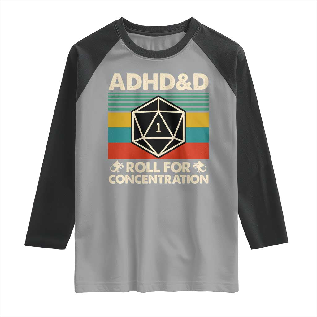 ADHD&D Roll for Concentration Raglan Shirt Retro 90s ADHD Roll For Concentration Funny Gamer - Wonder Print Shop