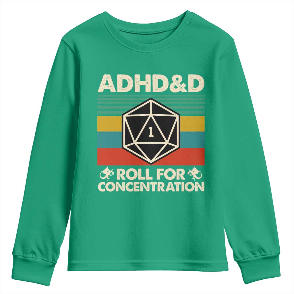 ADHD&D Roll for Concentration Youth Sweatshirt Retro 90s ADHD Roll For Concentration Funny Gamer - Wonder Print Shop