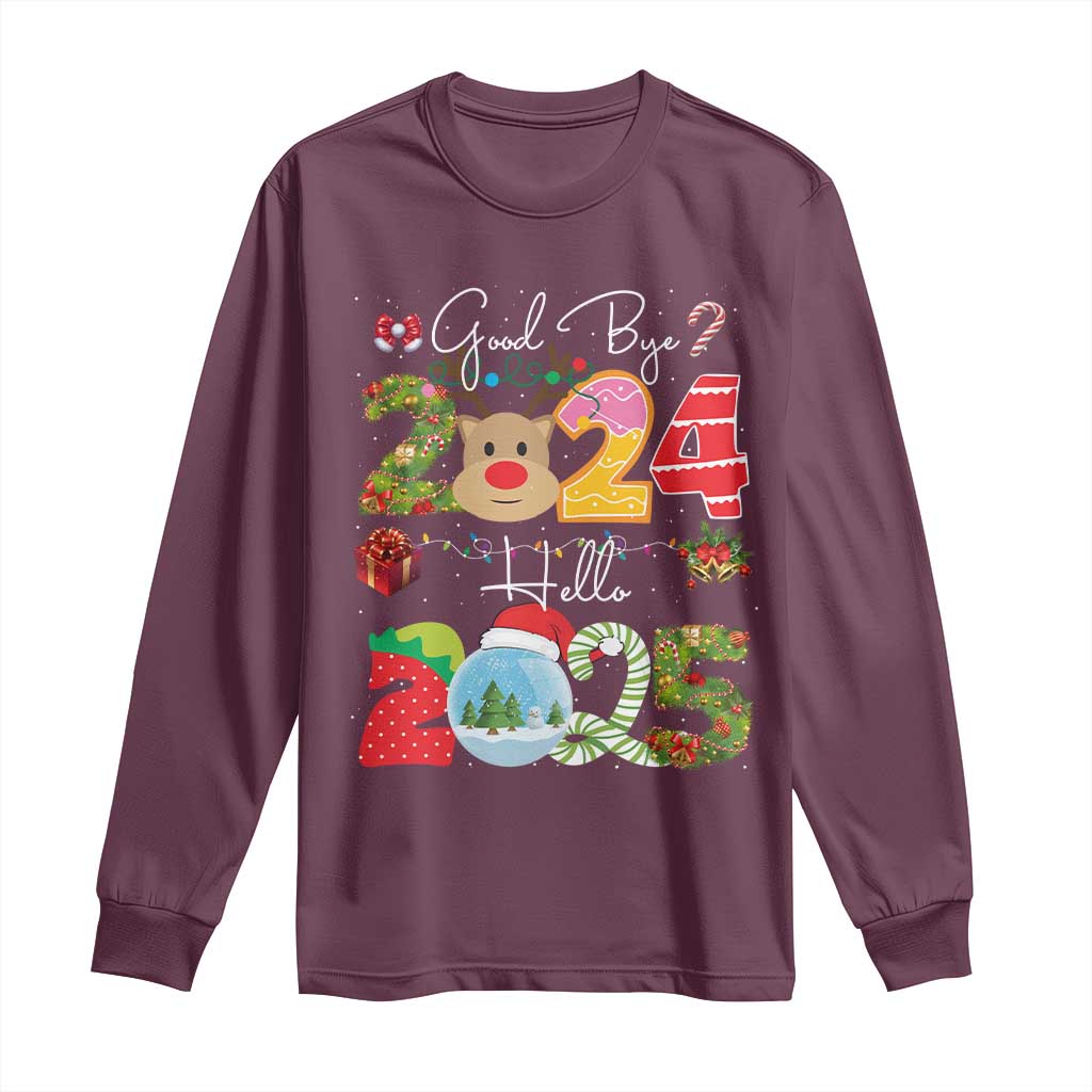 New Year 2025 Long Sleeve Shirt Merry Christmas Good Bye 2024 Hello 2025