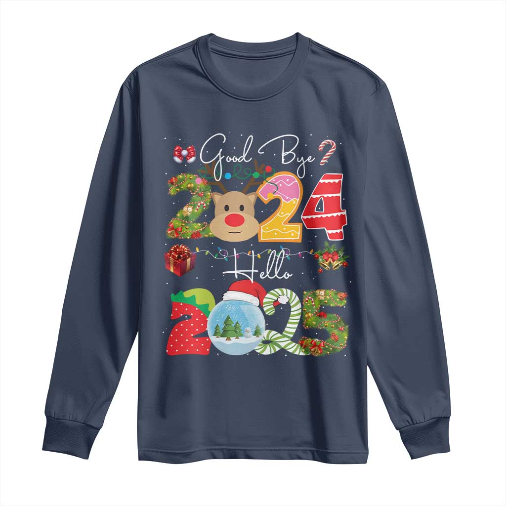 New Year 2025 Long Sleeve Shirt Merry Christmas Good Bye 2024 Hello 2025
