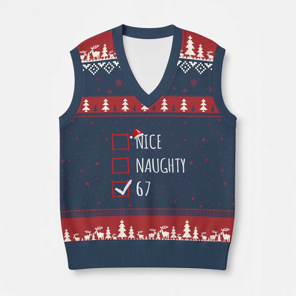 67 Xmas V-Neck Knit Sweater Vest Funny Nice Naughty Six Seven 6 7 Meme Brain Rot - Wonder Print Shop
