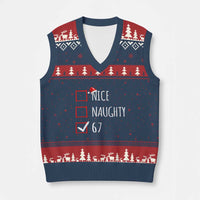 67 Xmas V-Neck Knit Sweater Vest Funny Nice Naughty Six Seven 6 7 Meme Brain Rot - Wonder Print Shop